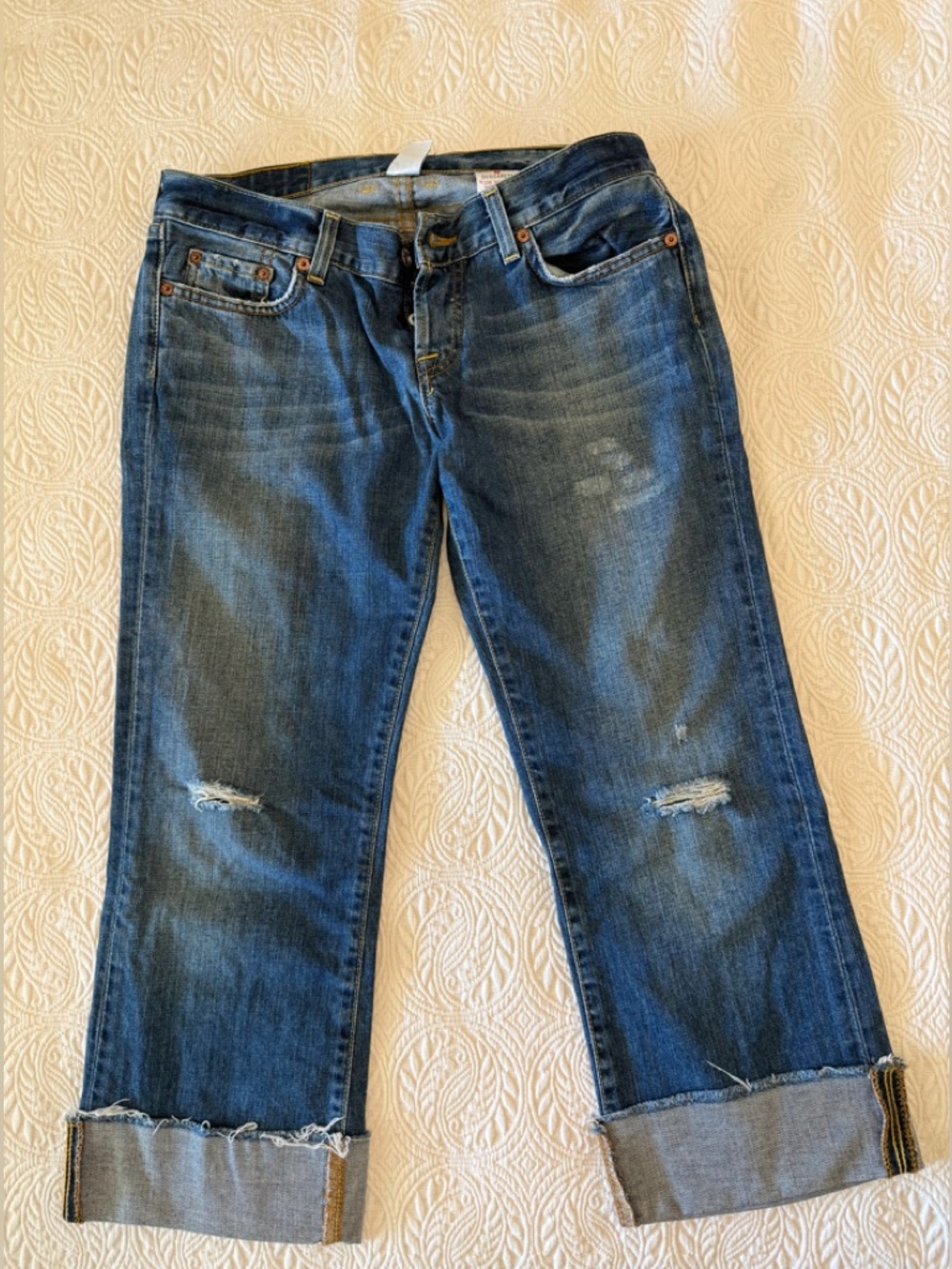 Lucky Brand Women's Dark Blue Distressed Boyfriend Low Rise Crop Cuffed Jeans